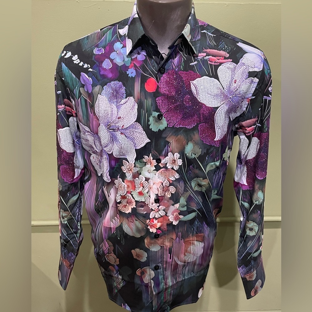 Deniko shirt button front eggplant floral rhinestones regular fit